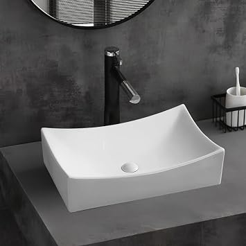 SouNor Small Rectangle Bathroom Sink Above Counter Square Basin Bowl Countertop Vessel 20"x15" Inches Modern Contemporary Porcelain Ceramic Wash Lavatory