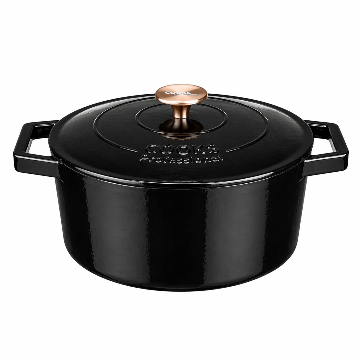Cooks Professional 26cm Cast Iron Casserole Dish 5.8L with Lid & Handles | Colourful Modern Design Enamelled Cooking Pan Pot | Suitable For All Hobs Inc Induction | Oven & Grill Safe | Shiny Black