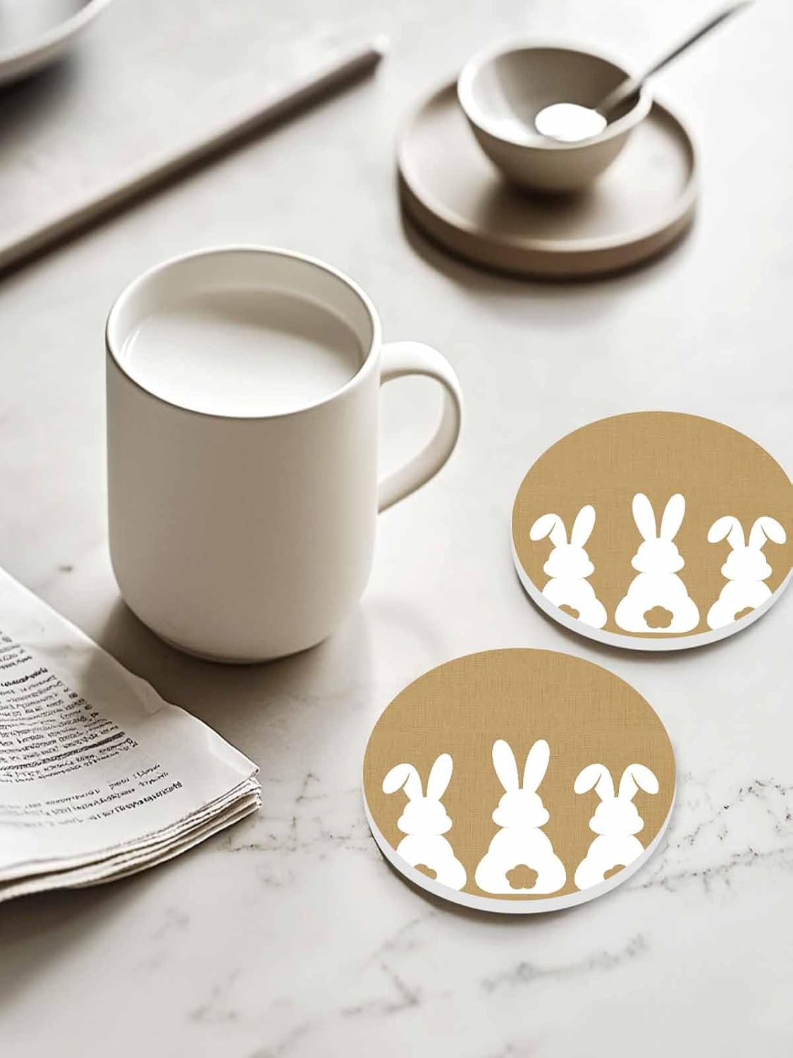陶製コースター 円形 可愛い兎 ウサギのシルエット 綿麻背景 吸水 4枚セット 直径10.3cm&times;厚さ0.6cm 速乾 杯垫 滑り止