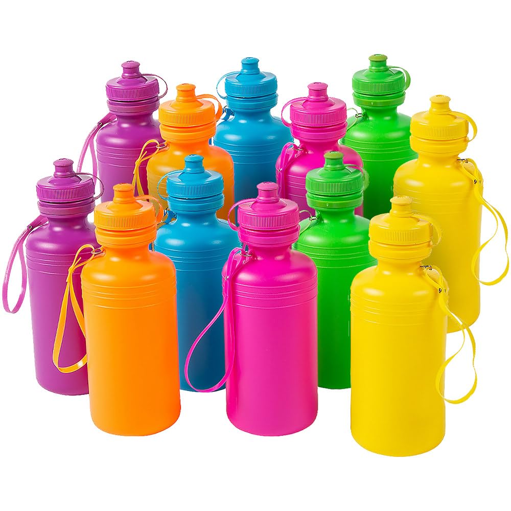 Fun Express Kids Water Bottles Bulk 12 Pack - BPA Free Plastic 18 oz Leak Proof Squeeze Bottles with Pop Top Lids & Straps | Perfect for School, Sports Teams, Birthday Parties & Fundraising Events