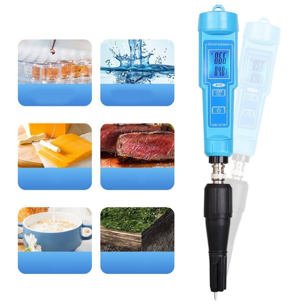Lecreatekit Misuratore di pH digitale e termometro, IP67, impermeabile, 2 in 1, tester di acidità con ATC per suolo, acqua, cibo, carne, laboratorio, acquario, piscina, idroponica, intervallo di pH 0