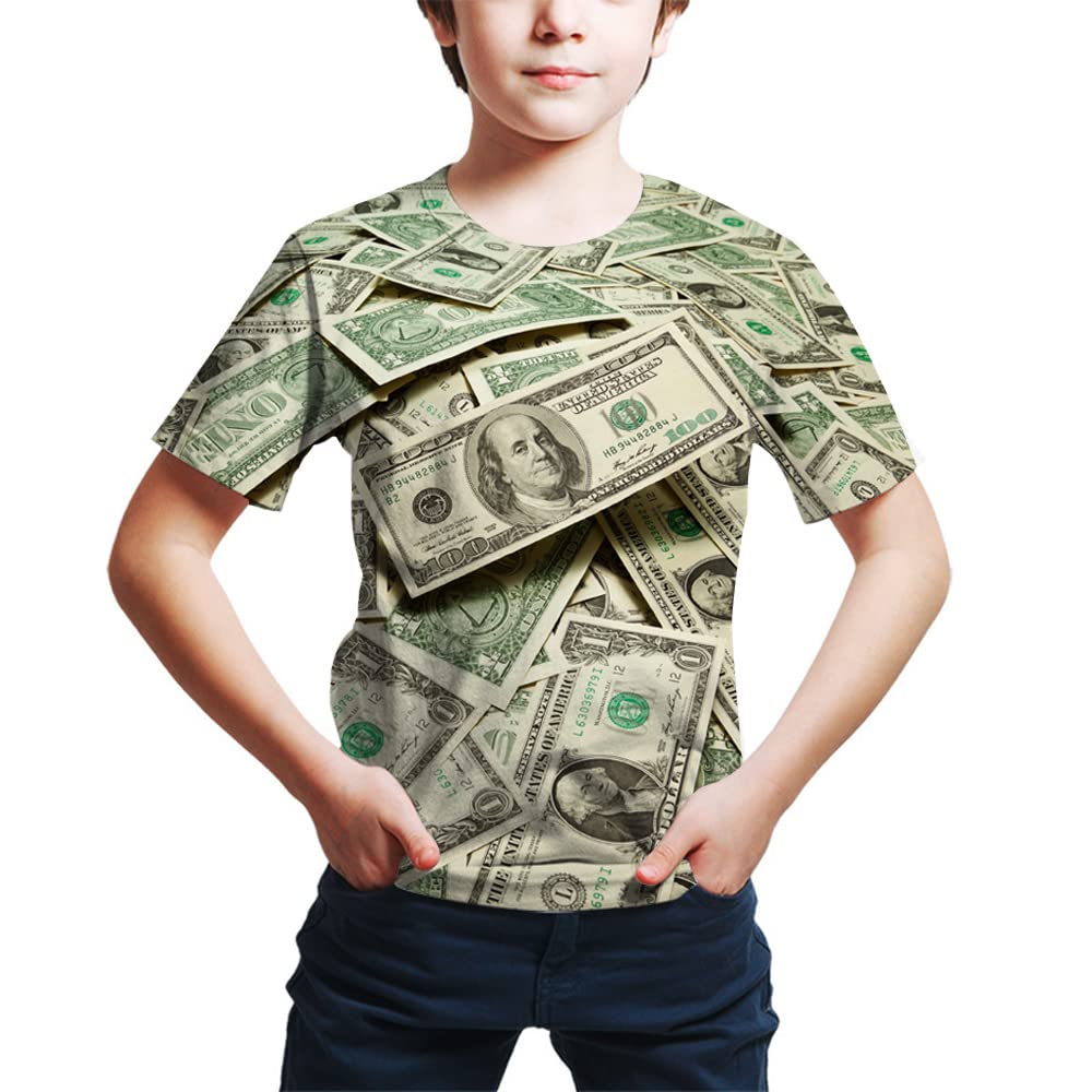 FiveEarlKids Print 3D 100 Dollar Bill Money Shirts Funny Graphic Pattern Tees Shirts for Youth Boys Girls 4-14 Years