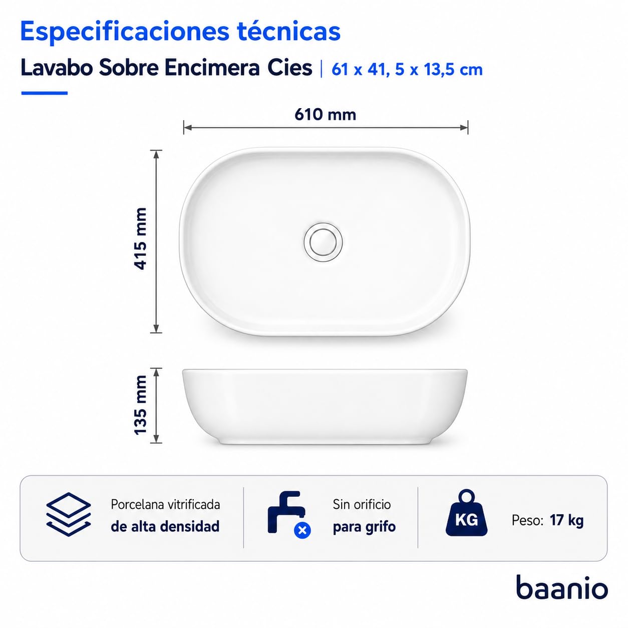 Cies - Lavabo Sobre Encimera Ovalado 61 cm - Cerámica Blanco Brillo - Gran Formato - Certificado CE