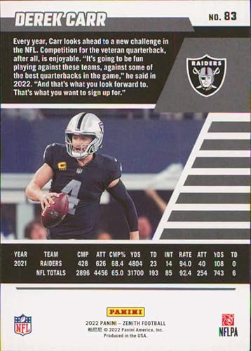 Miniatura 2 de 2022 Panini Zenith Retail #83 Derek Carr Las Vegas Raiders Football Card - GotBaseballCards