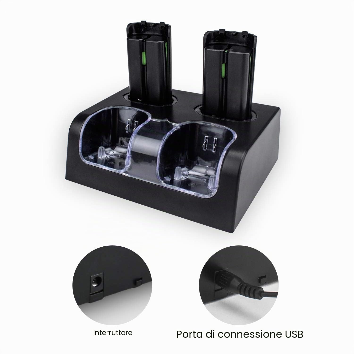 TechKen Wii Controller Charger, Stazione di Ricarica per 2 Telecomandi Wii e 2 Akkus Wii Wiimote Stazione di Ricarica con 4 Batterie da 2800MAH (Black)