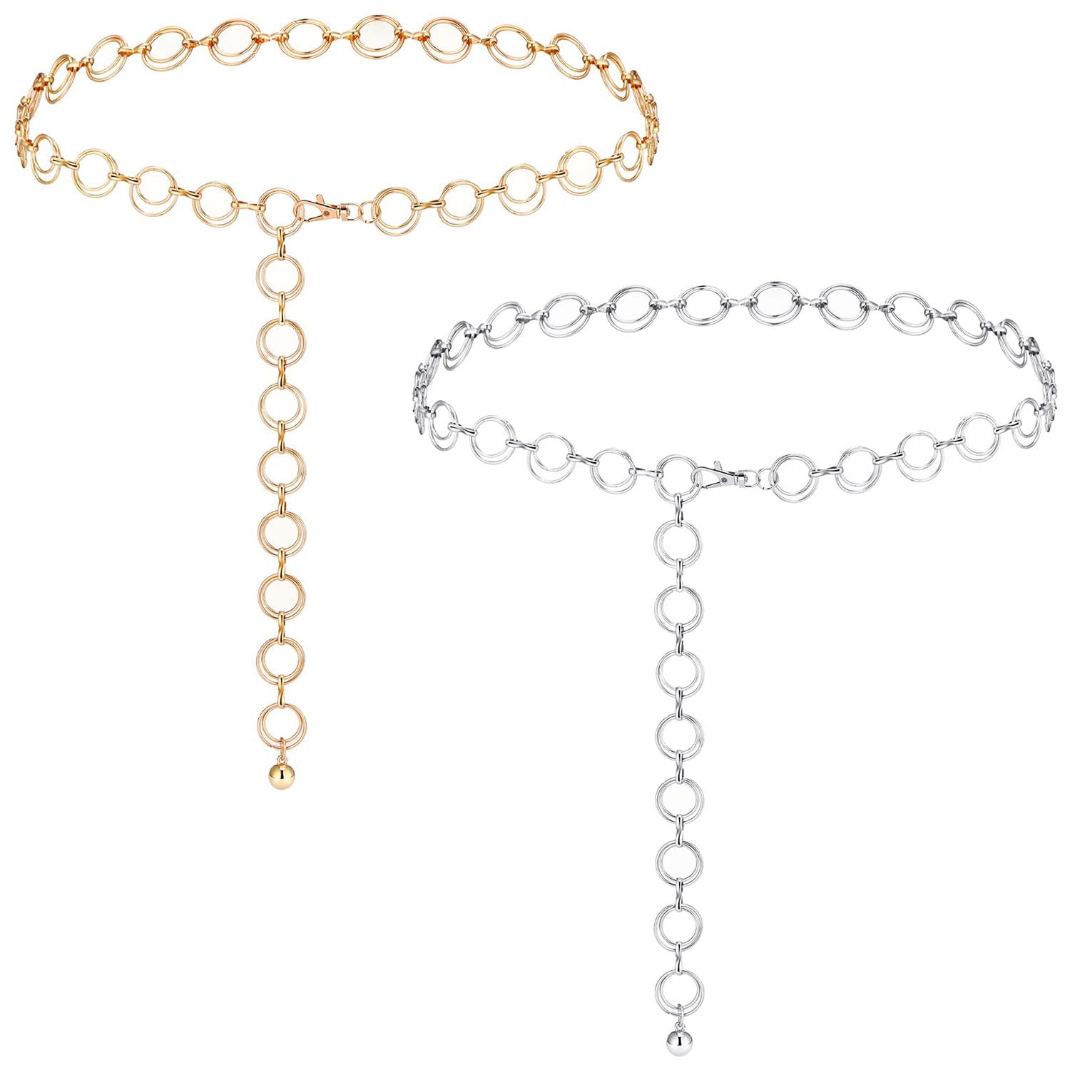 Excefore Metal Waist Chains for Woman Girls, 2 Pack Adjustable Body Link Belt Set, Stylish Belly Jewelry with Polished O-Rings, All Over Links Metal Link Chain for Jeans and Dresses (Gold+Silver)