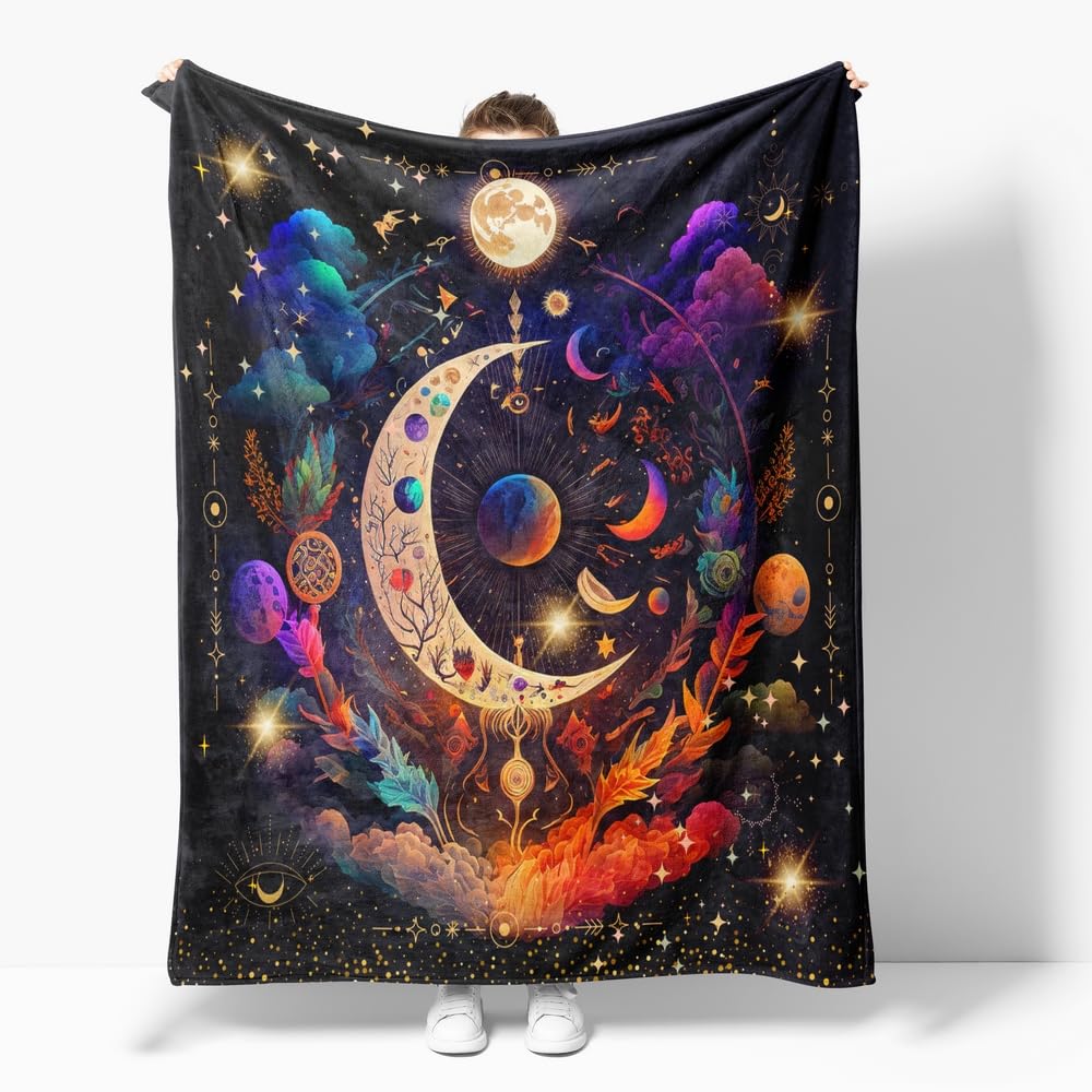 Reateforin Hippie Throw Blanket Sun Moon Stars Boho Throw Blankets Celestial Blankets Double-Sided Polyesters Home Decor Bedding Chair Couch Recliner