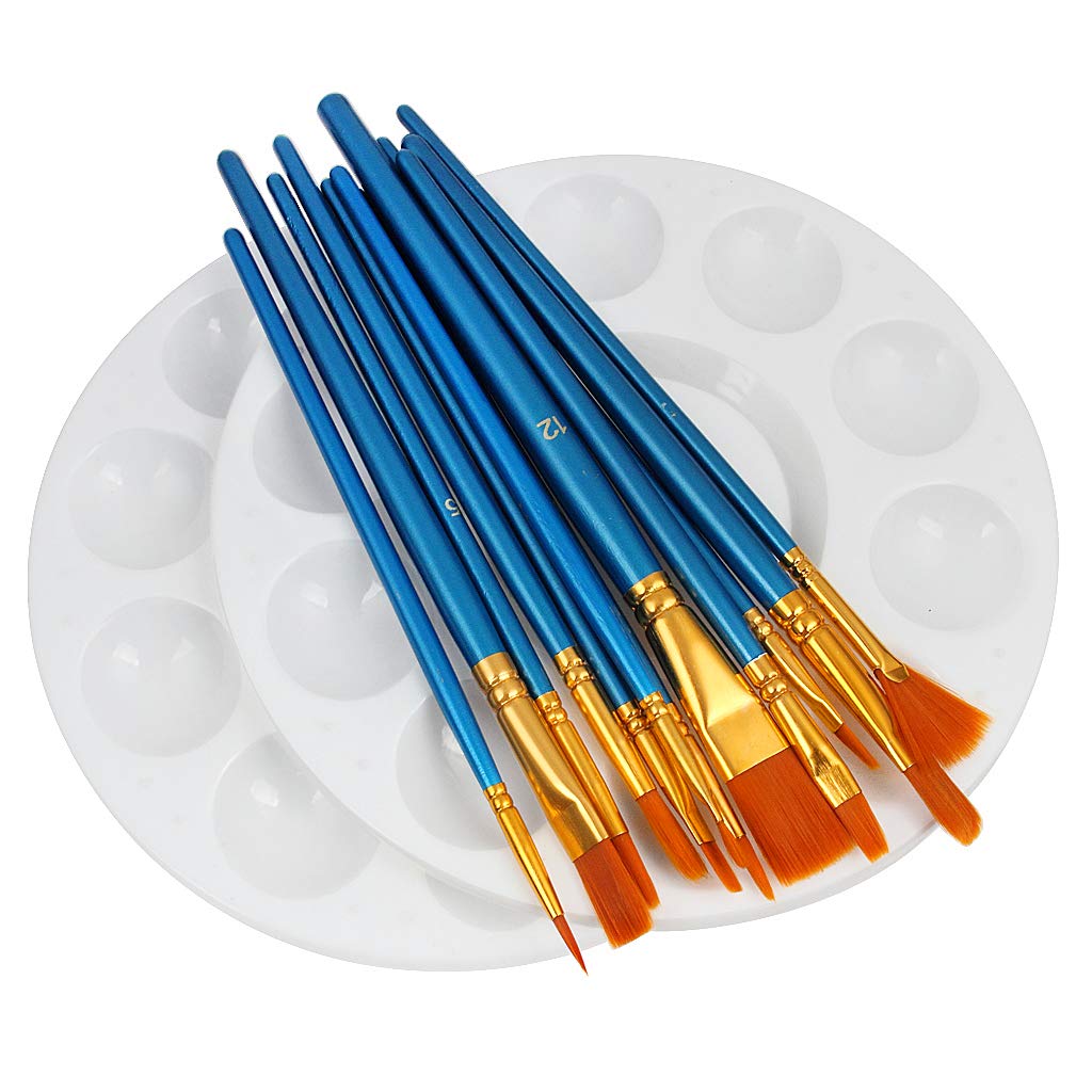 Hthl Blue ,White 14 Pcs Artist Paint Brushes Set, 2 Pcs 6.7 Inch Paint Palettes For Acrylic, Oil, Watercolor, Gouache And Face Painting (Blue)