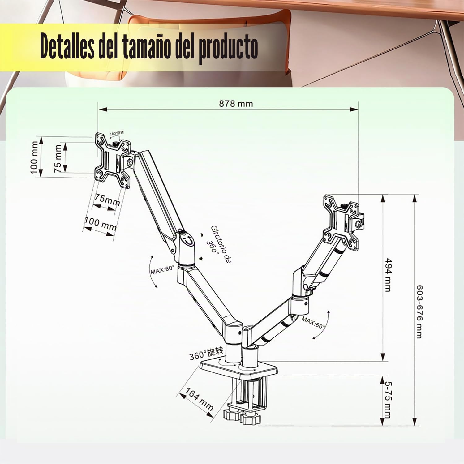 Brazo Monitor Doble，Adecuado para Monitores Led/LCD De 13 a 32 Pulgadas, Cada Brazo Soporta Un Máximo De 10 Kg, Puede Girar 360° y Voltearse 180°, Altura Ajustable, Vesa 75/100 Mm, Color Negro