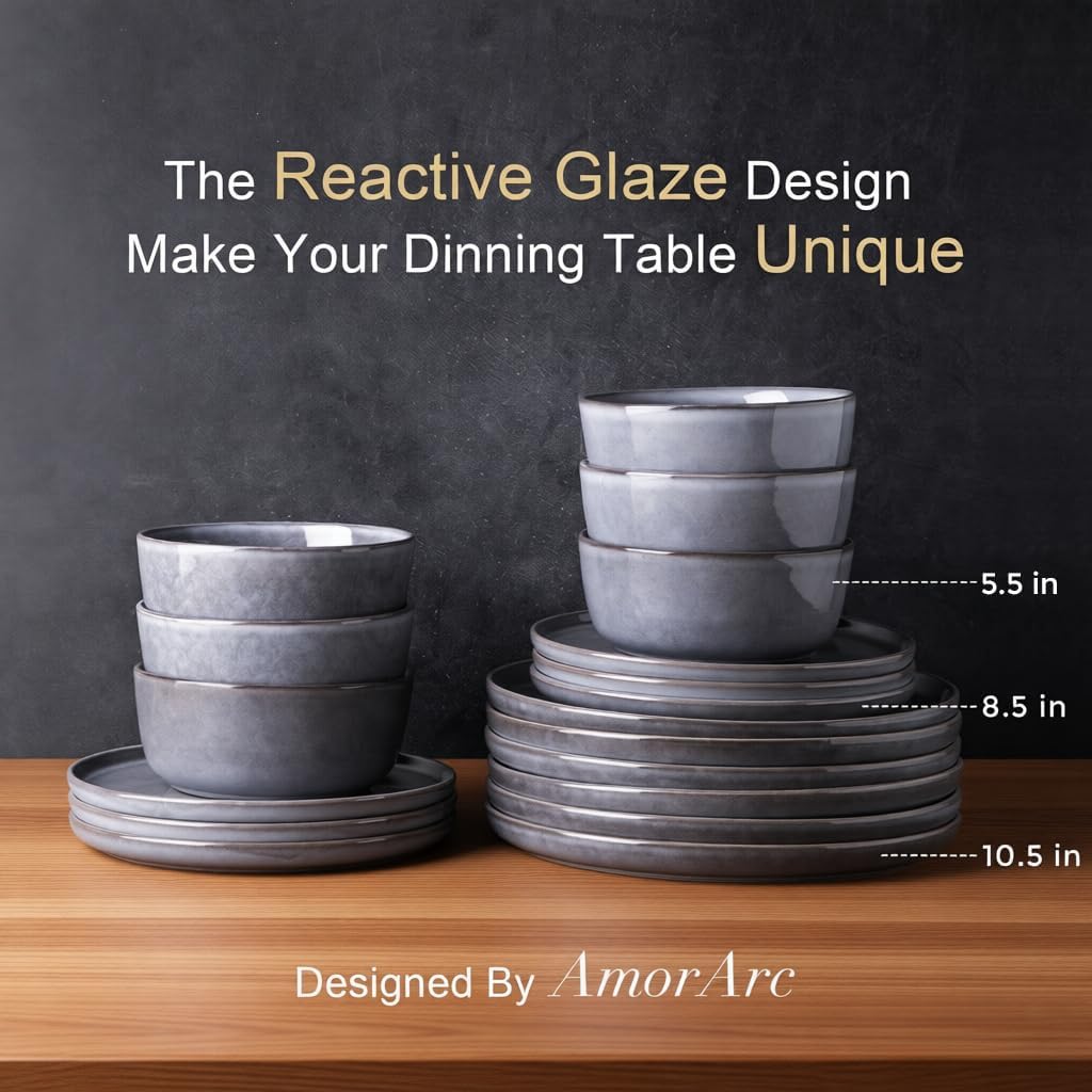 AmorArc Stoneware Dinnerware Sets,Round Reactive Ceramic Plates and Bowls Sets,Highly Scrath Resistant | Dishwasher & Microwave Safe Dishes,Service for 4 (12pc)