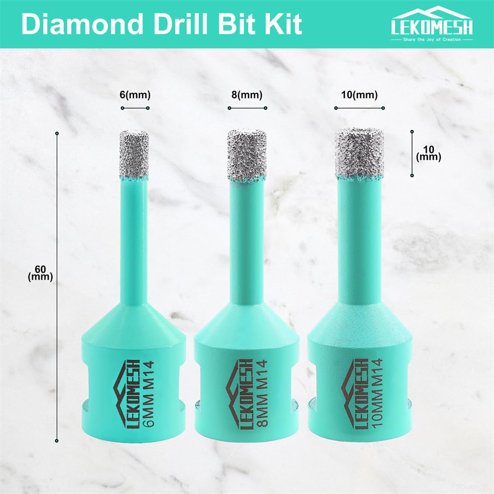 LEKOMESH Diamond Tile Drill Bits - 3pc 6/8/10MM Hole Saw for Porcelain Ceramic, Marble, Granite, Stone, Quartz - M14 Thread - Image 2