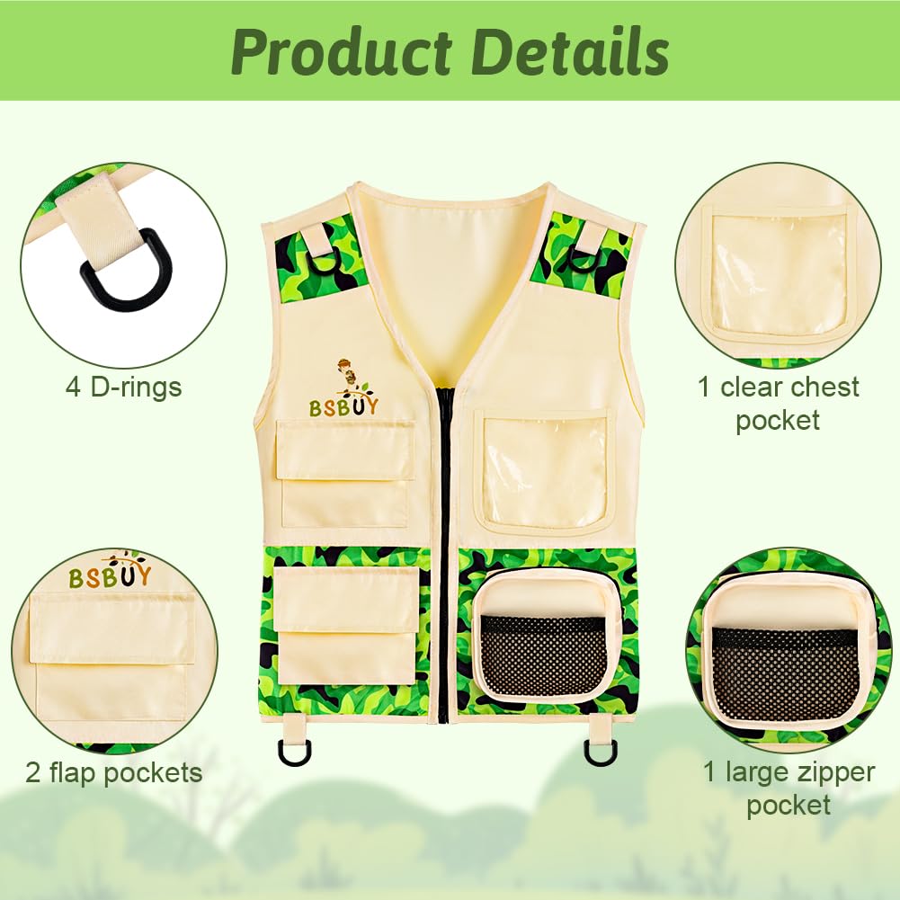 Kit d'exploration Enfants, 4Pcs Costume Explorateur Extérieur Camouflage avec Filet à Papillons et Loupe, Kit de Aventurier Extérieur, Cadeau d'exploration Nature pour Garçon Fille, Vert - 3