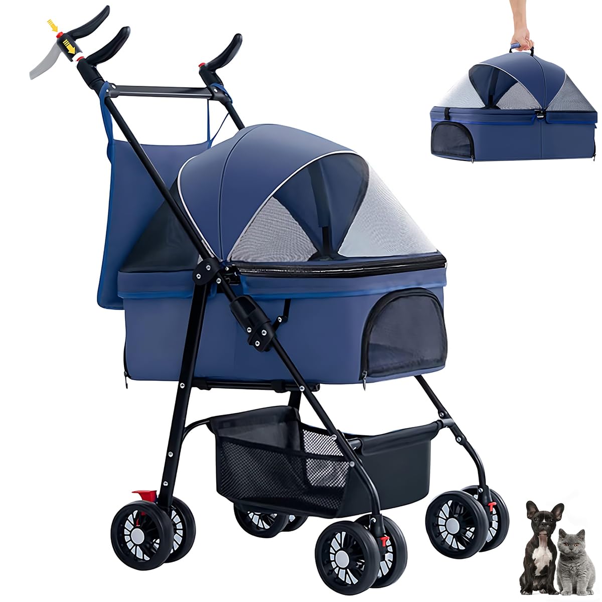 Gluckluz Pet Stroller Foldable Dog Strolling Cart Detachable Cat Travel Carrier with 360°Front Wheel & Storage Basket & Breathable Mesh for Small Medium Large Puppy Kitten (Blue)