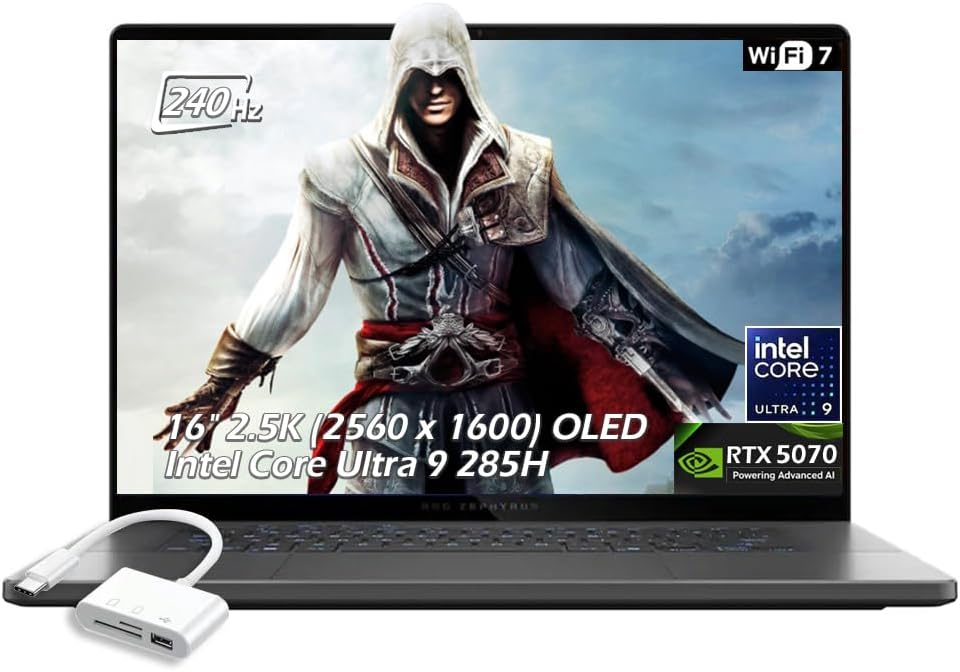 ASUS ROG Zephyrus G16 16" 2.5K OLED 240Hz Gaming Laptop, Intel Core Ultra 9 285H, RTX 5070 8GB, 32GB LPDDR5X 4TB SSD, Thunderbolt4, Wi-Fi7, Backlit KB, Win11, Eclipse Gray, w/USB Hub, W/GaLiMu