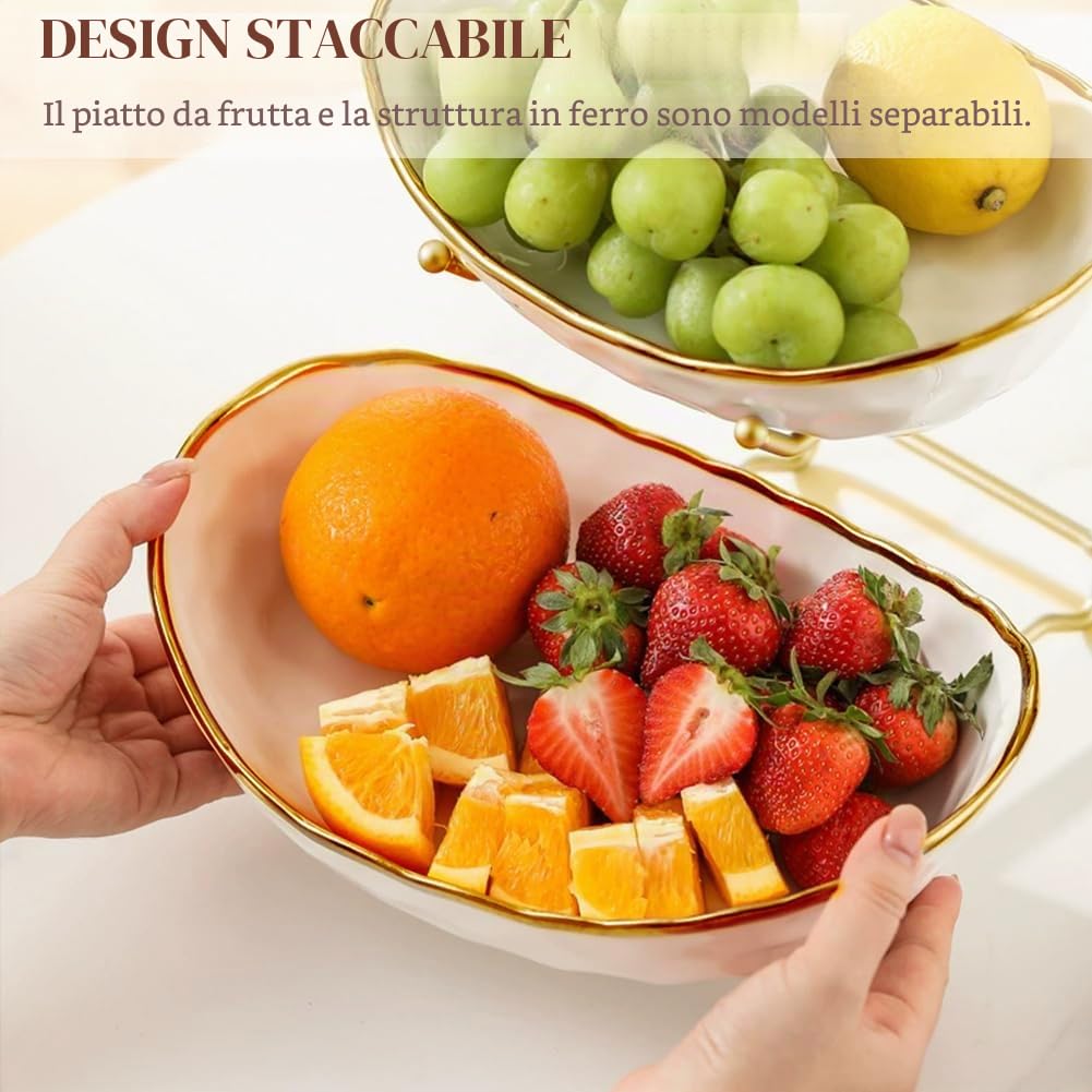 ciotola per frutta in ceramica a 3 strati con supporto in metallo, ciotola per frutta a più livelli, elegante vassoio per servire frutta, verdura e snack, ciotola decorativa per cucina e