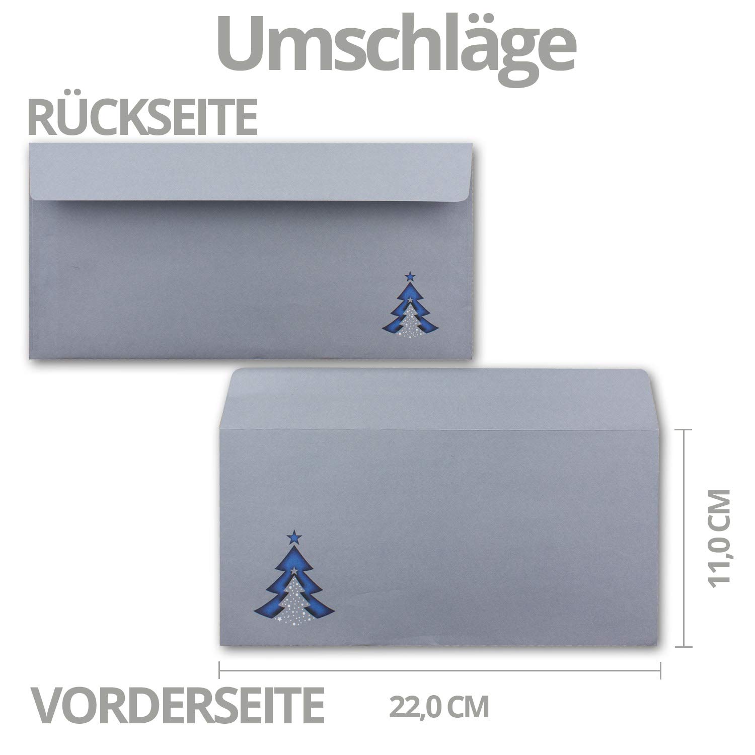 700 buste per lettere, formato DIN lungo, con albero di Natale blu, con chiusura adesiva, 110 x 220 mm, 120 g/m², motivo per aziende e private