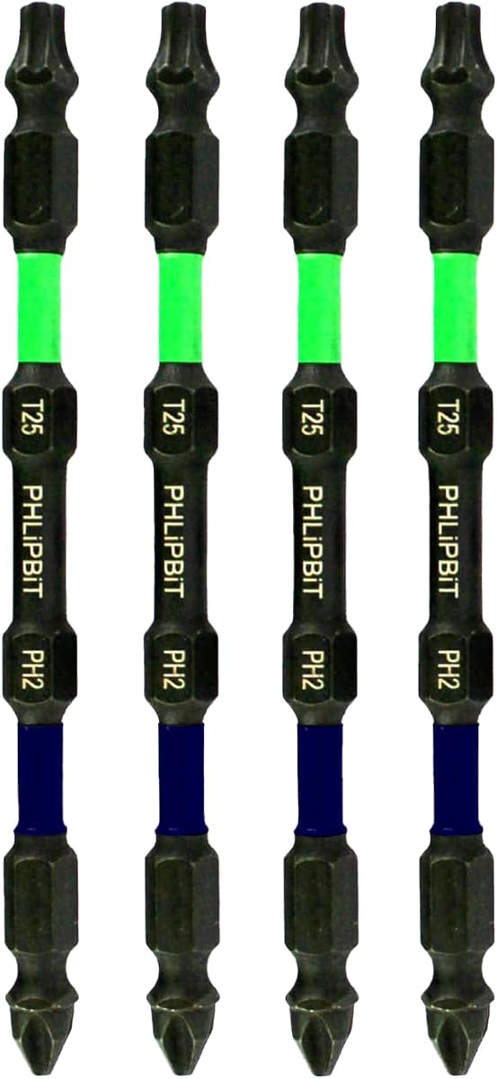 ORiGiNAL - T25+PH2 IMPACT BiT, 4 INCH, 4pk. Double End+Double Duty, USA-4T25PH2X4 (Lime Green/Blue Drives #25 Torx/Star/GRK + #8/10 Phillips Screw) Fits "ULT" MULTi S/Driver