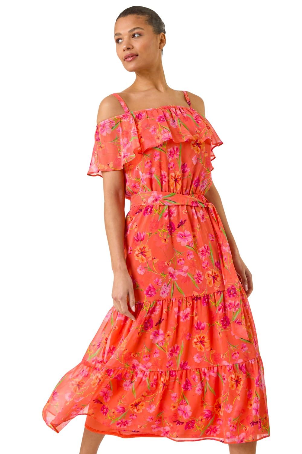 Roman Women's Orange Floral Print Bardot Midi Dress In | : Size 18