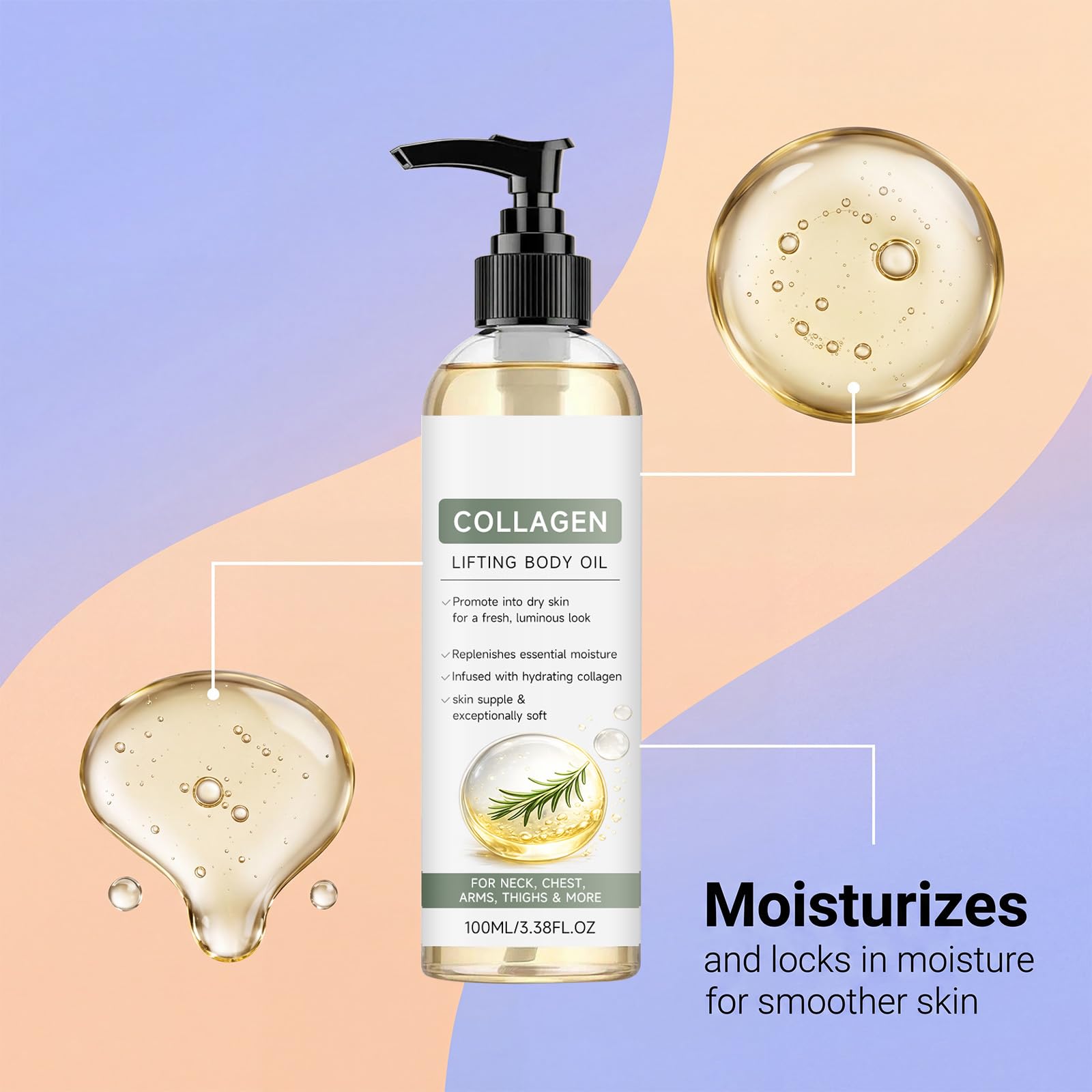 Olio per il corpo per lifting del collagene dopo la doccia, con formula idratante, ad assorbimento rapido, rassodante olio per la cura del collo, braccia e cosce, consistenza setosa per freschezza (6