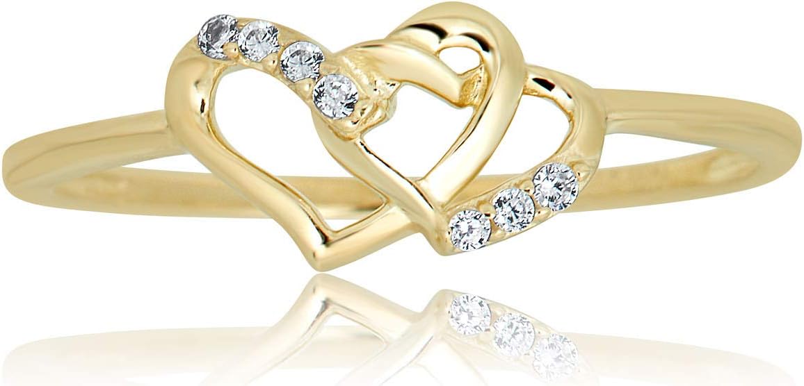 AVORA 10K Gold Double Heart Ring with Simulated Diamond CZ