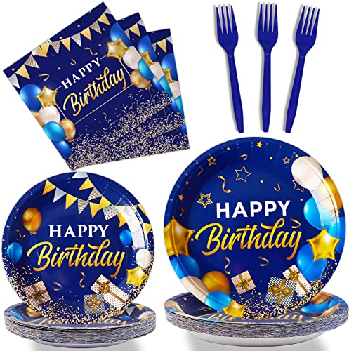 Image of gisgfim 96 Pcs Blue and Gold Birthday Plates and Napkins Party Supplies Navy Blue Party Tableware Set Happy Birthday Decorations Favors for Men Women for 24 Guests