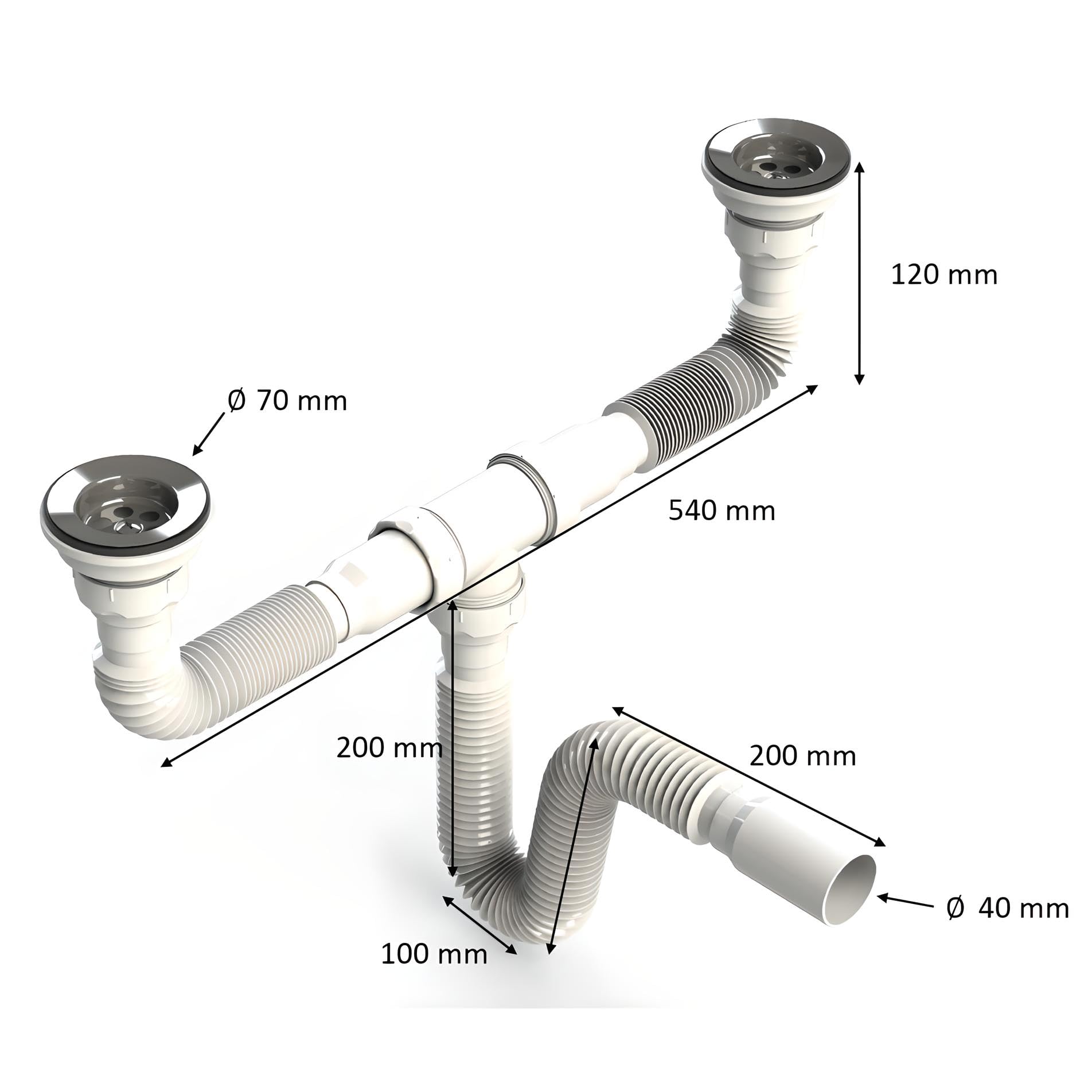 Uzman Sable Ø80 doble sifón con manguera flexible, doble conexión, desagüe de vaciado, doble fregadero, fregadero, sifón de sifón de lavabo, sitio de construcción, sanitario