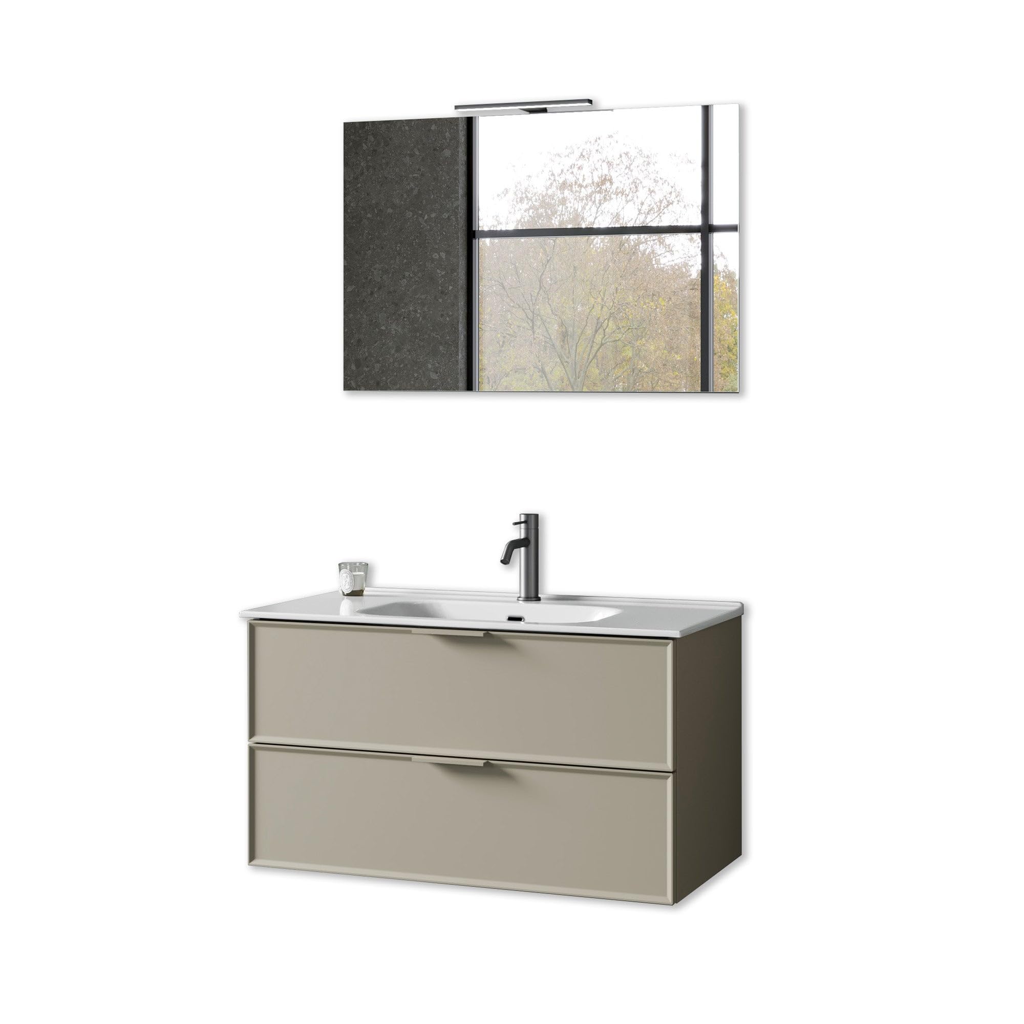 AQA DESIGN accessori casa composizione bagno, base sospesa con frontali in MDF, finitura tortora opaco, nr2 cassetti con scorrimento e chiusura soft - Tortora - 91x46,5x190 cm