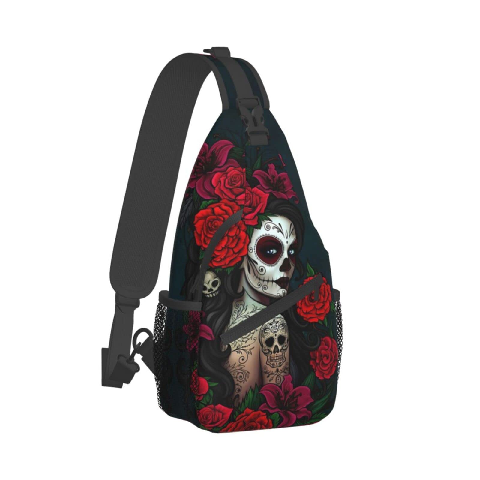 KMIVQGE Sugar Skull Rose Crossbody Backpack for Travel Hiking Chest Daypack Shoulder Sling Bag for Men Women Cycling Walking