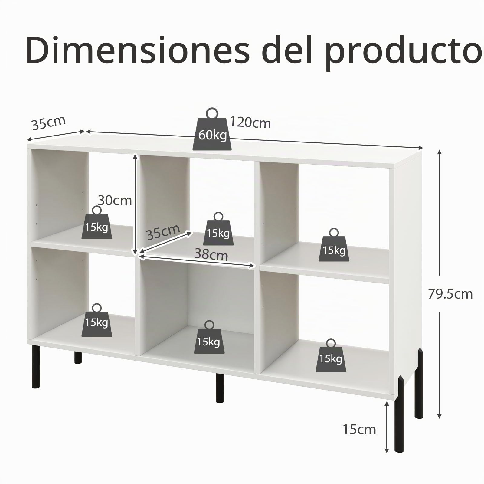 HOMASIS Librería de 6 Cubos, Estantería Baja con Estante Ajustable, Librería Ahorra Espacio de Tierra de 2 Niveles de Madera, Divisor para salón, Estudio, 120 x 35 x 79,5 cm (Blanco)