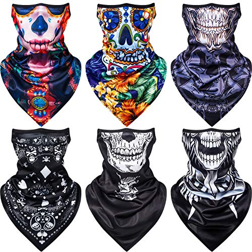 6 Pieces Skull Face Cover Scarf with Ear Loops Neck Gaiter Breathable Lightweight Bandana Scarf UV Protection Printed Balaclava for Outdoor Sports,Halloween