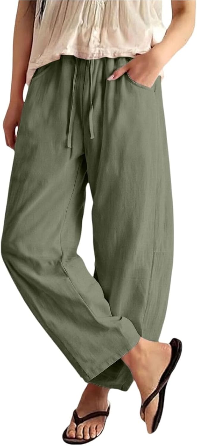 Women Drawstring Waist Linen Barrel Cropped Pants Lightweight Baggy Wide Leg Tapered Trousers with Pockets