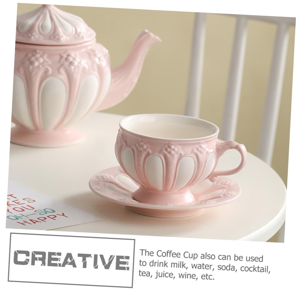 Juego de Tazas de Café Mango Ergonómico de Cerámica Diseño Europeo en Relieve y Color Rosa, Adecuado Hogar o Cafetería