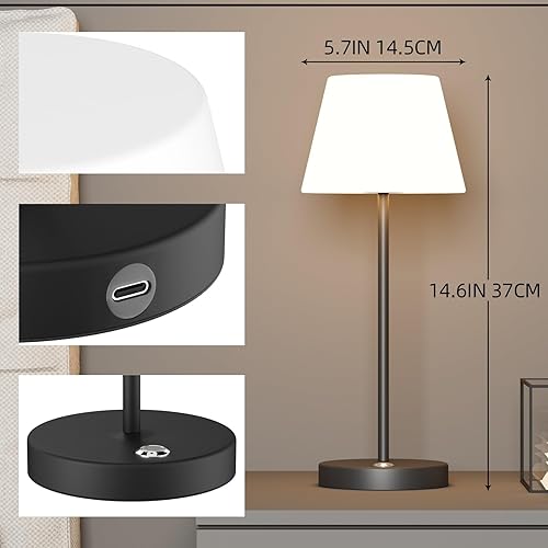 Miniatura 7 de Ralbay Lámpara de mesa inalámbrica, lámpara de mesa LED recargable, color negro, IP54, impermeable, 6000 mAh, funciona con pilas, lámpara de