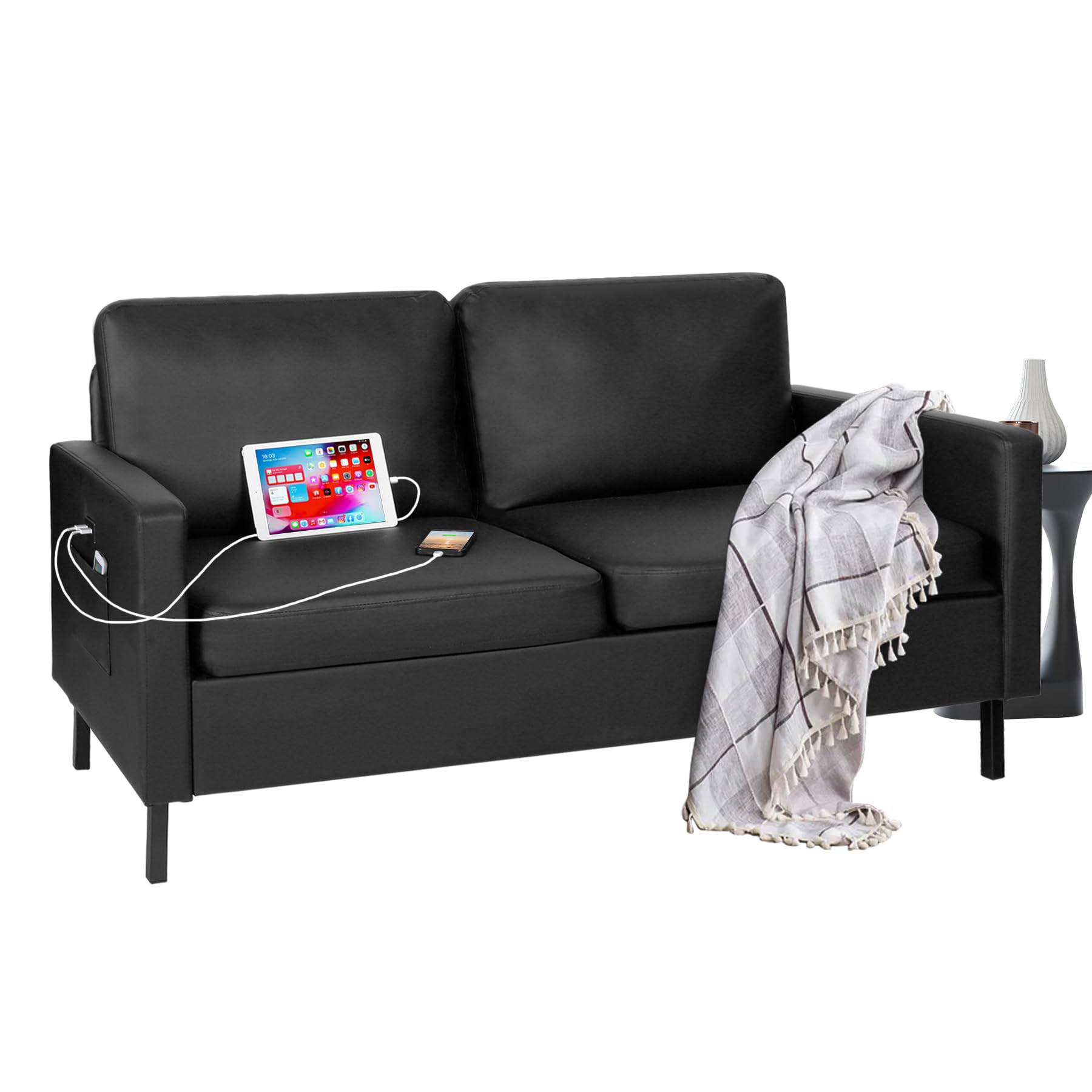 STHOUYN 56" W Faux Leather Black Couch Loveseat Sofa with 2 USB, Small Couches for Small Space Living Room, Bedroom, Office 2 Seat Couch, Easy Assembly & Comfy Cushion (Black (Loveseat))