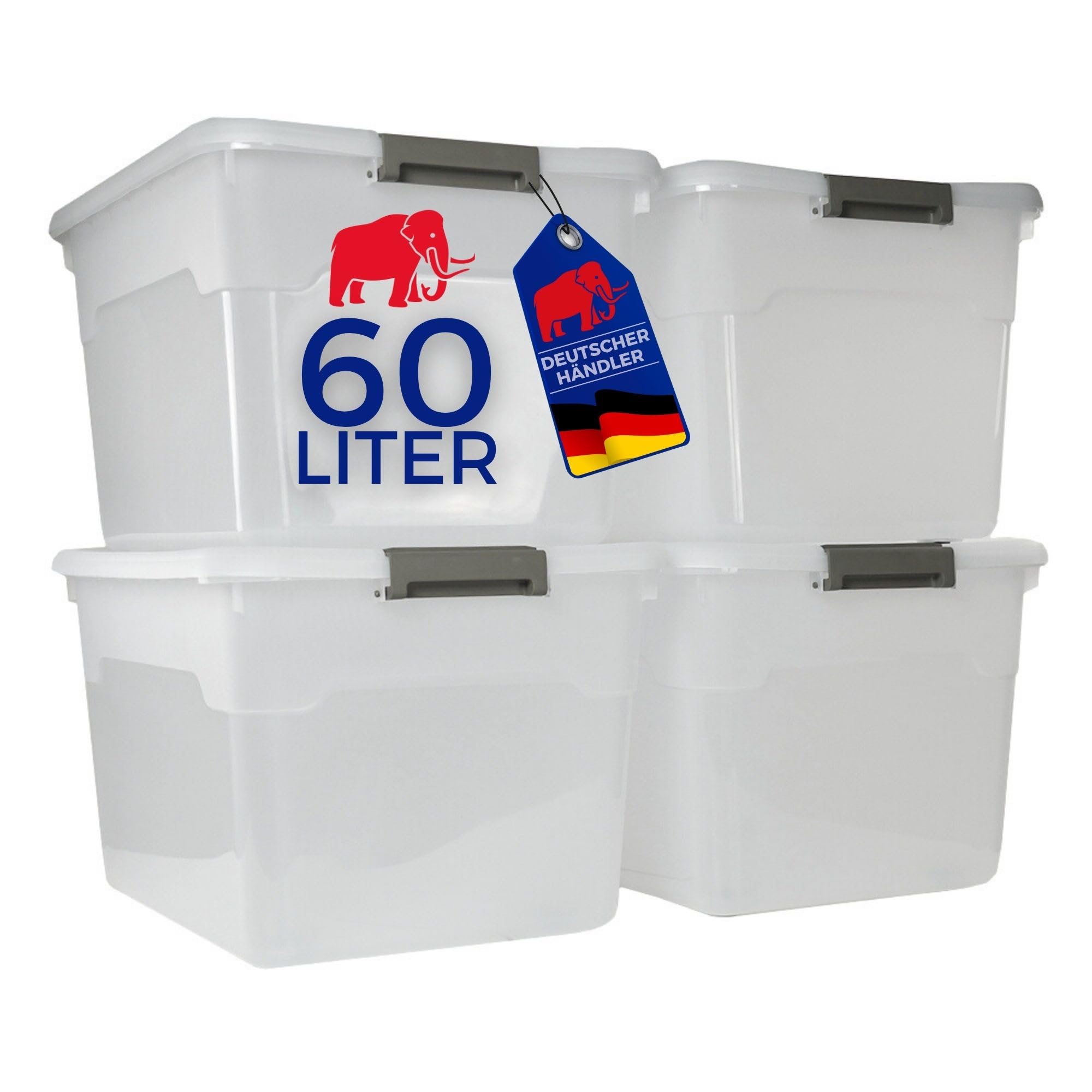 PROREGAL Aufbewahrungsbox mit Deckel 60L im 4er Set, Extra Groß, Rollen, Plastikbox transparent stapelbar, Kunststoffbox Verschlussclips, Stapelbox Kunststoff, Aufbewahrungsbehälter für Küche Haushalt