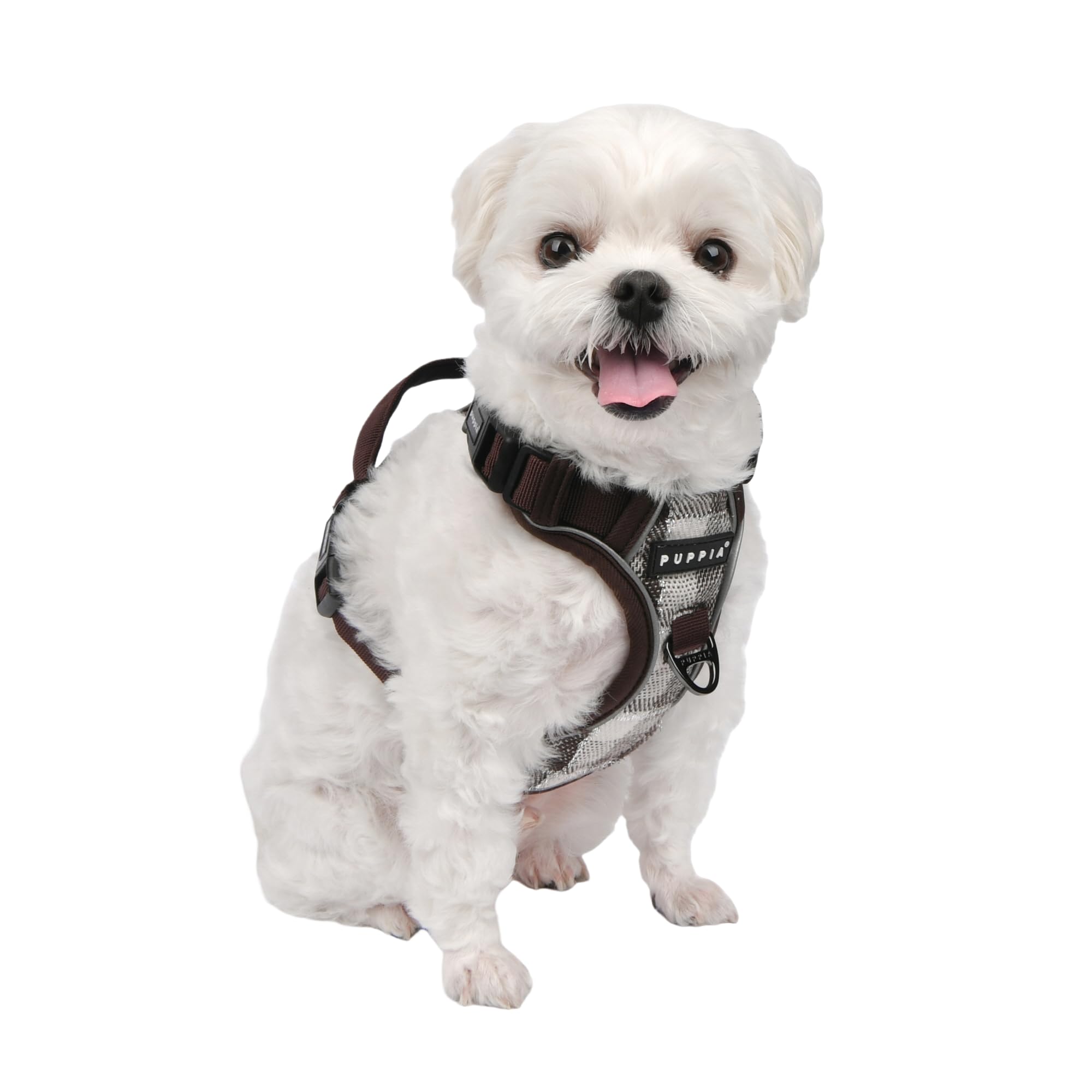 Puppia Garrett Dog Harness H Checkered Pattern Sturdy Adjustable Neck and Chest Reflective for Small and Medium Dogs, Brown, Medium