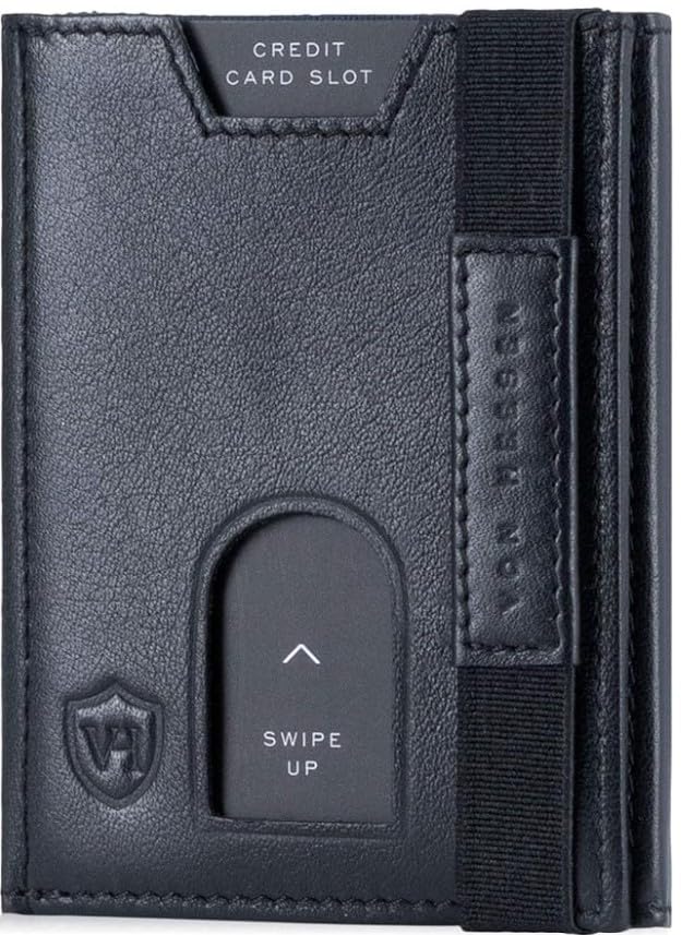 Image of AL FASCINO Men's Leather RFID Wallet, Black, Slim, Minimalist, 10 Card Slots, 30 Currency Compartment, Solid, Hook and Loop Closure