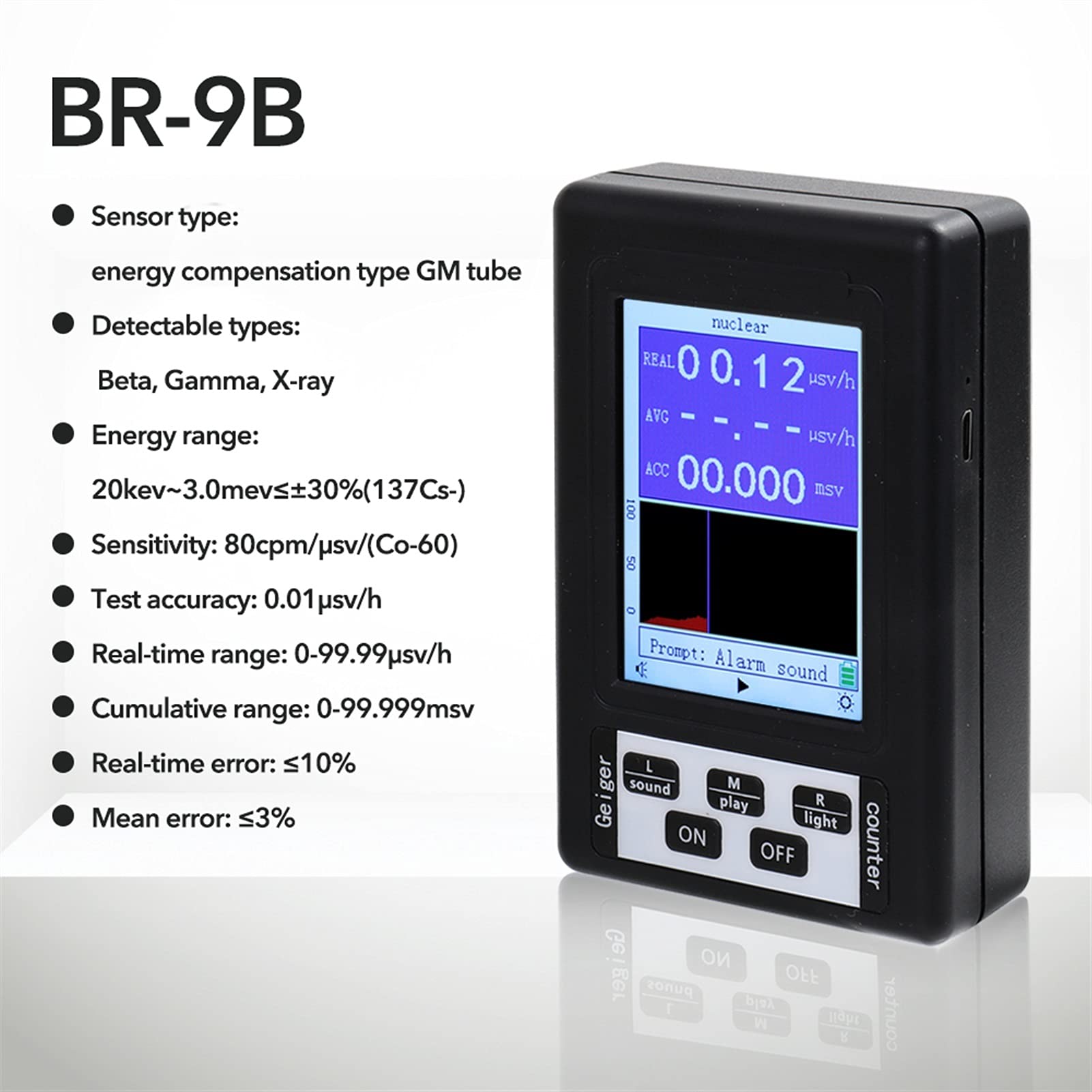 BR-9B Portátil Geiger Contador Detector de radiación nuclear Dosímetro personal Tester mármol rayos X EMF Metro oficina, al aire libre