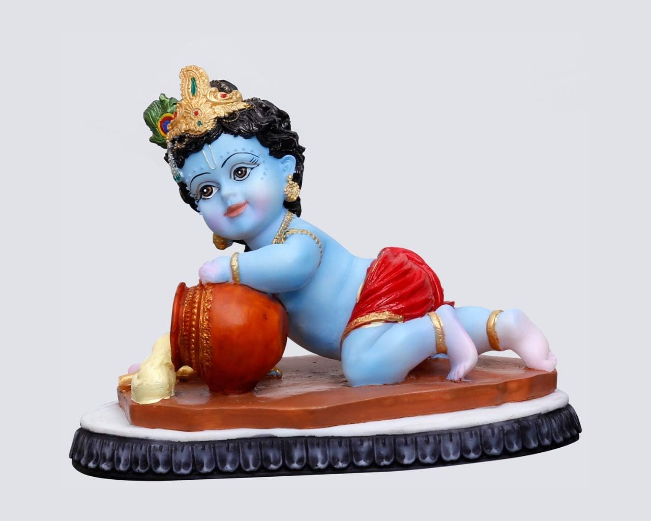 Polyester Resin Hand Crafted Big Baby Krishna Murti Crawling with Maakhan Pot (5.5-inch, Multicolour)