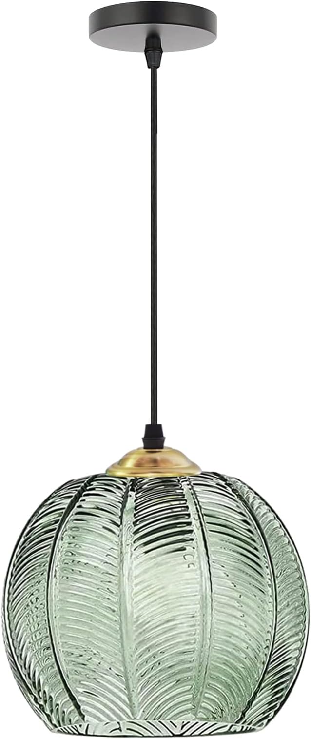 LRUII Glass Pendant Light Shade, Modern Chandelier Light Ceiling Pendant Lighting, Green Striped Glass Lampshade, Adjustable Pendant Hanging Lamp for Kitchen Island Bedroom Restaurant Loft Bar LRUII