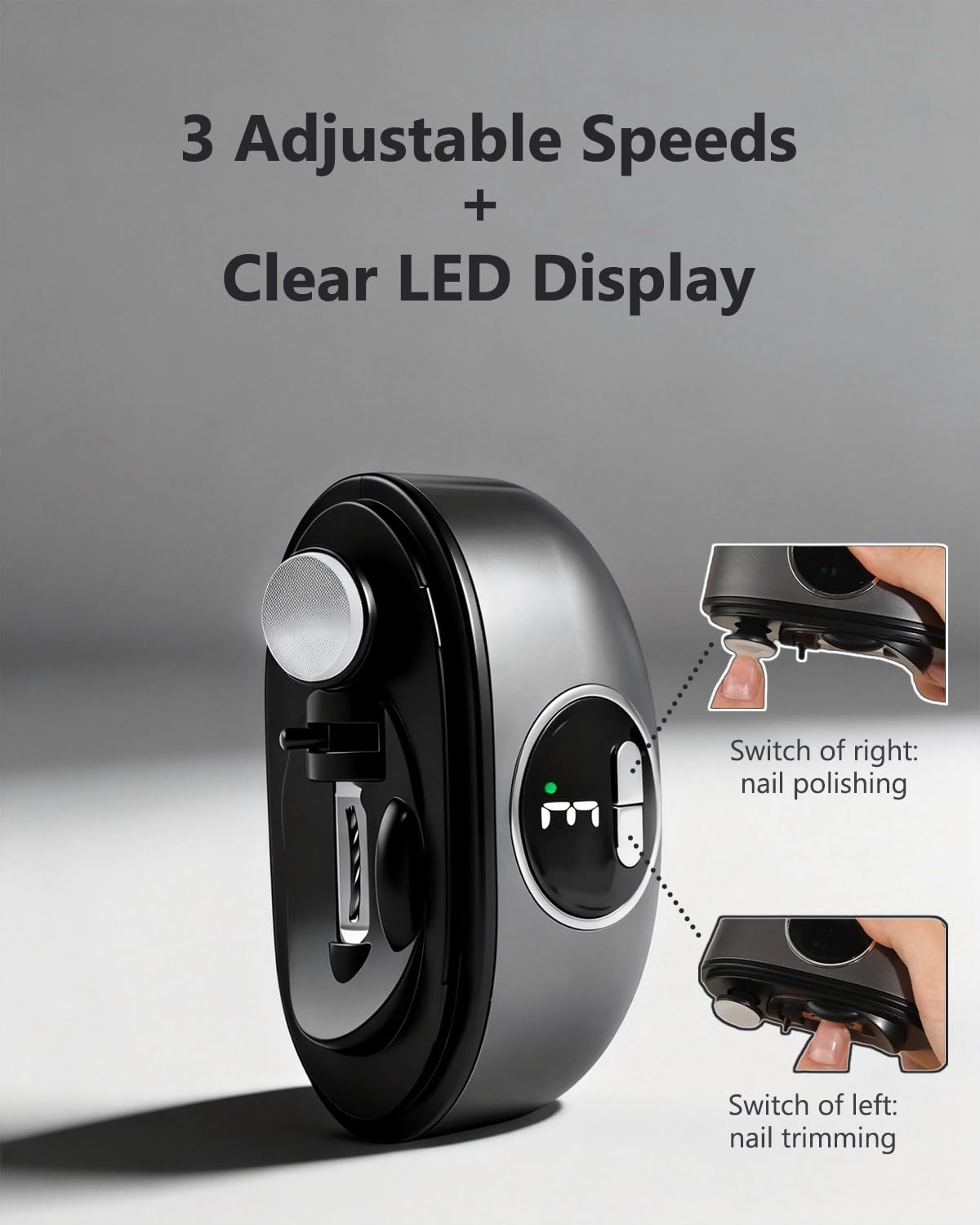 Aokitec Elektrischer Nagelknipser mit doppeltem Sicherheitsklingendesign LED-Licht 3-Speed, 2-in-1 Nagelschneider, Elektrische Nagelfeile, 100% Hautsicher für Senioren & schwachen Griff, Grau