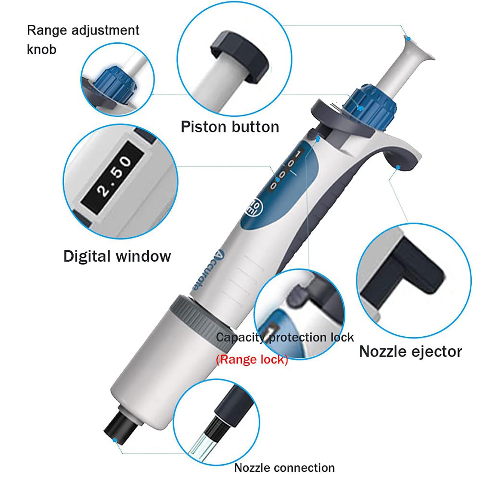 Micropipeta De Un Solo Canal, 0.1μl-10ml / Alta PrecisióN, Ajustable Digitalmente, Bloqueo De ProteccióN De Capacidad/Rango De Bloqueo, con Punta De Pipeta,1~10ml