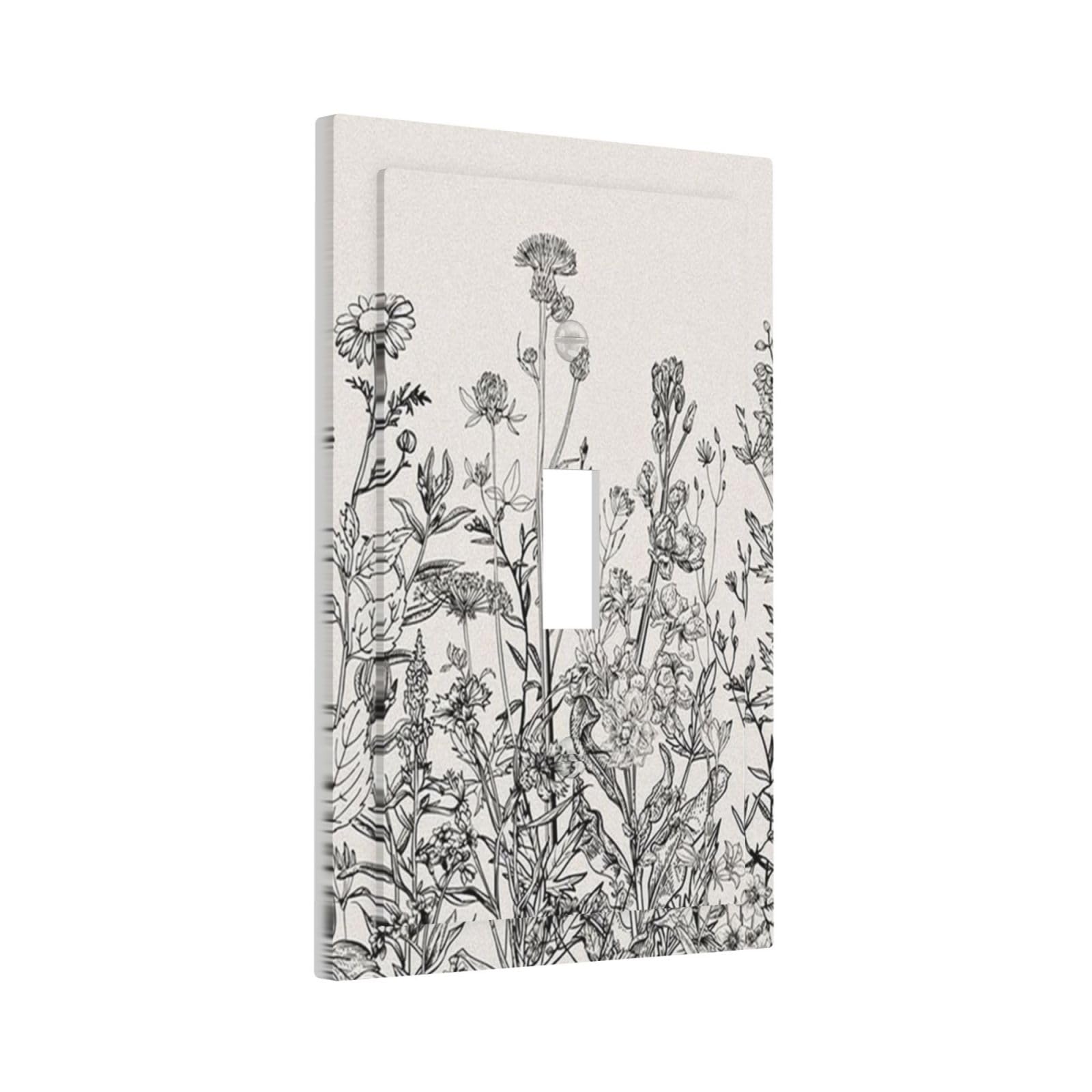 Country Vintage Black Gray White Floral Flower Blossom Decorative Single Toggle Light Switch Cover Botanical Engraving Style Plant 1-Gang Wall Plate