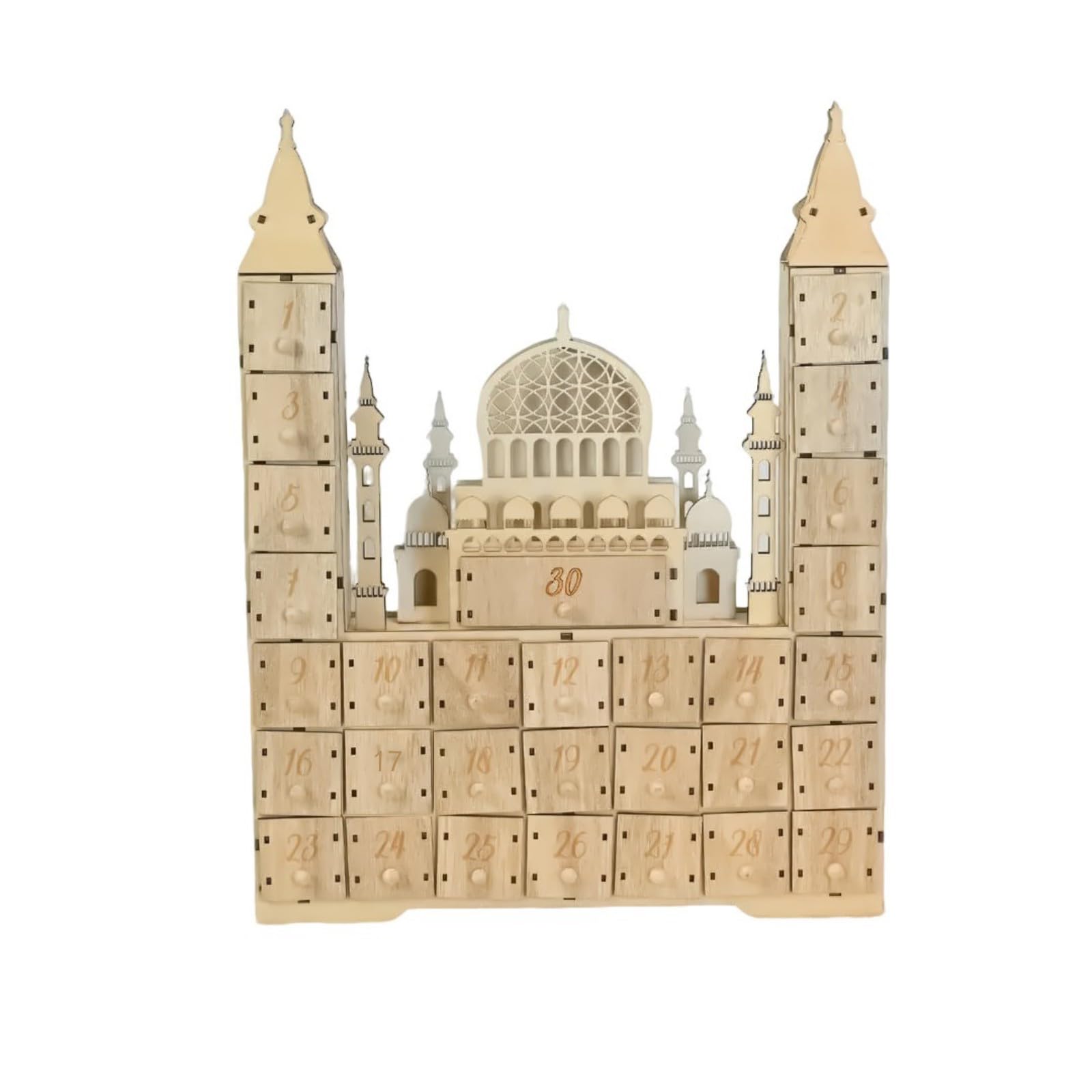 Calendario per conto alla rovescia dei castelli del Ramadan, con luce a LED e 30 cassetti, decorazioni per l'avvento in legno per feste islamiche