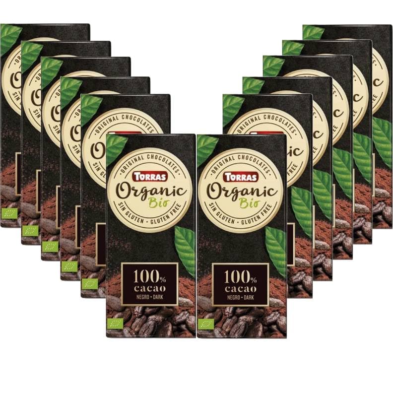 Pack 12x Chocolates Orgánicos 100% Cacao Bio 100g | Tabletas de Chocolate Negro Puro | Sin Azúcar | Vegano y Sin Gluten