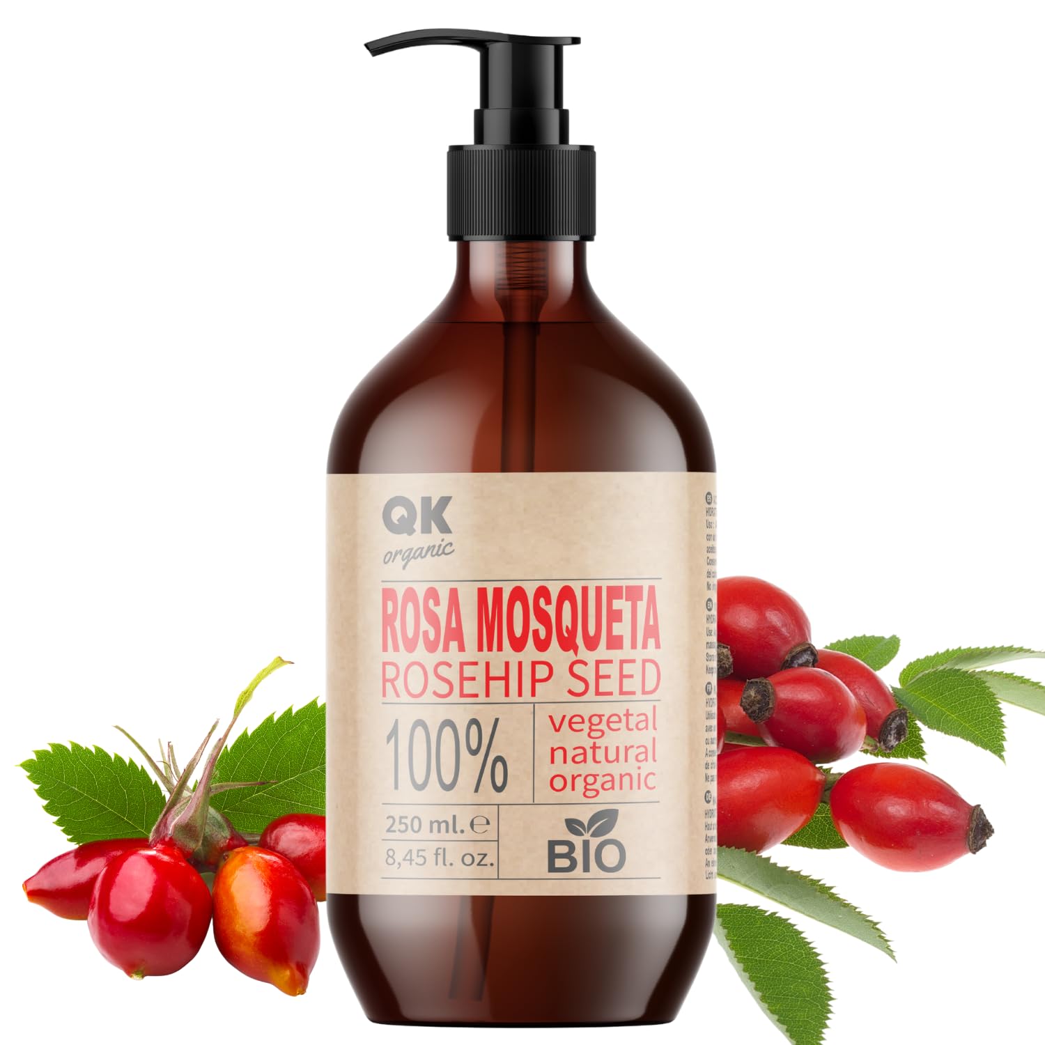Rosehip Oil, 100% Pure Organic Vegan - 250 ml - for Scars and Stretch Marks - Anti-Wrinkle Anti-Aging - BIO - Cold Pressed