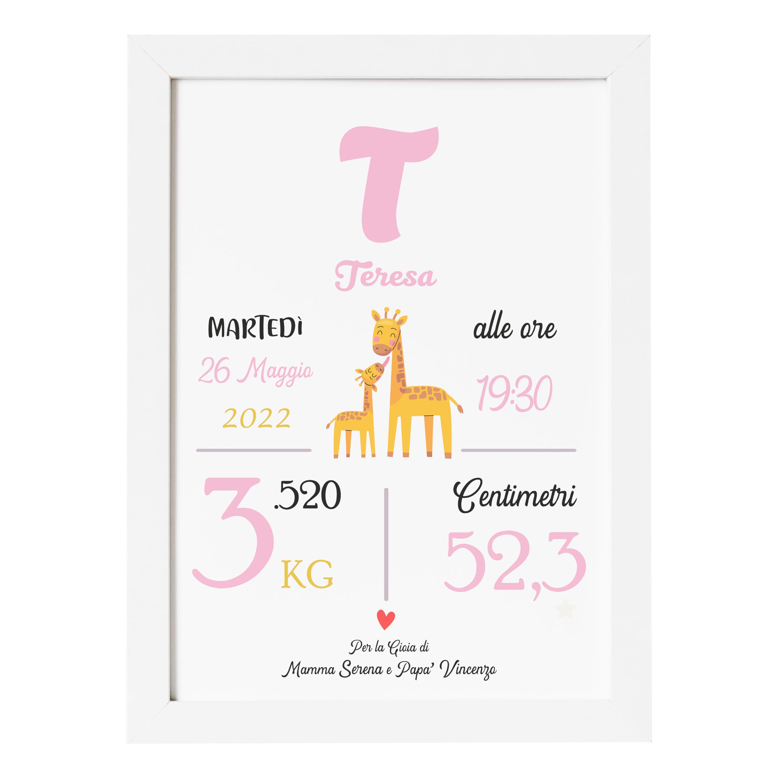 Luglio® - Quadretto Nascita, Cornice Nascita Personalizzata con i Dati del tuo Neonato o Bambino. Idea Regalo per Battesimo, Nascita. Decorazione per Cameretta. 25x20 Cm (Modello 1, Femminuccia)
