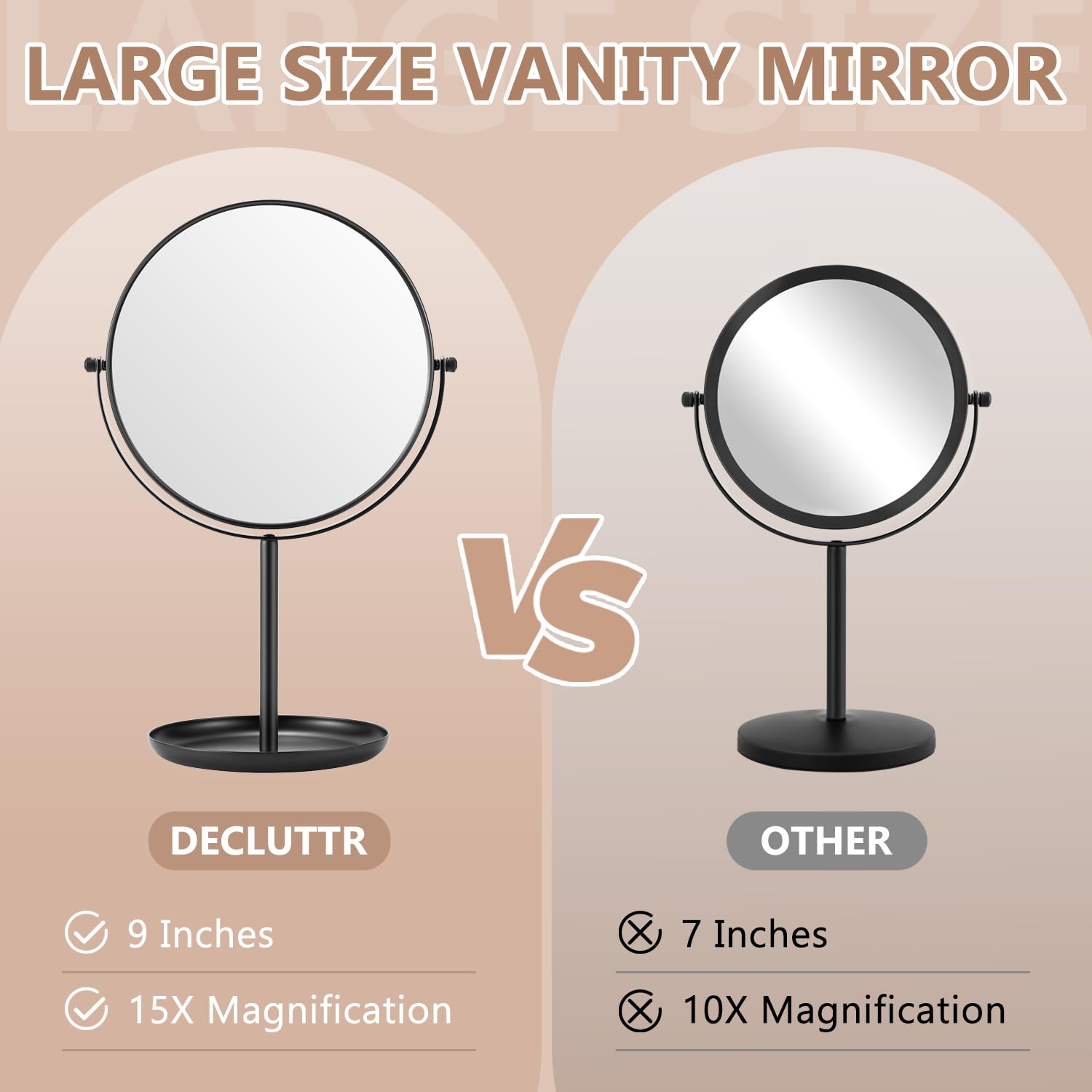 DECLUTTR 15X Magnifying Makeup Mirror, 9 Inch Tabletop Mirror on Stand, Large Double Sided Mirror for Desk,: Black