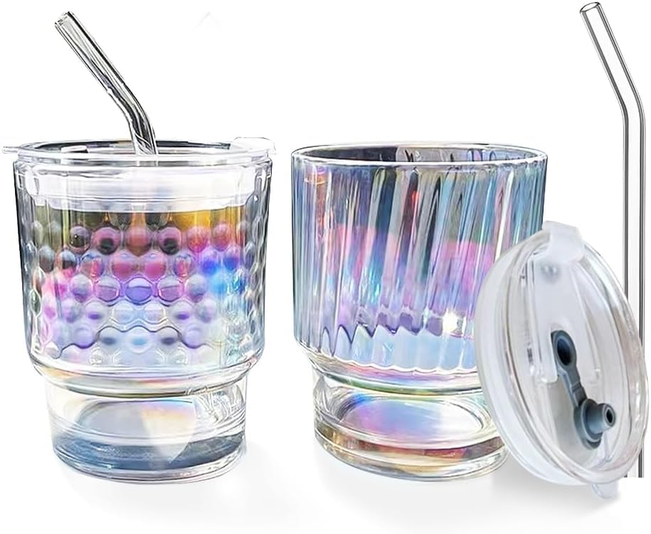Image of WEZOSHINET Glass Tumblers with Straws and Lids Coffee Sipper Mug with Wide Mouth, Rainbow Glass Drinking Mason for Iced Tea, Juice, Cocktail, Cold & Hot Beverages Cups (Rainbow Bubble Mug /Pack of 1)