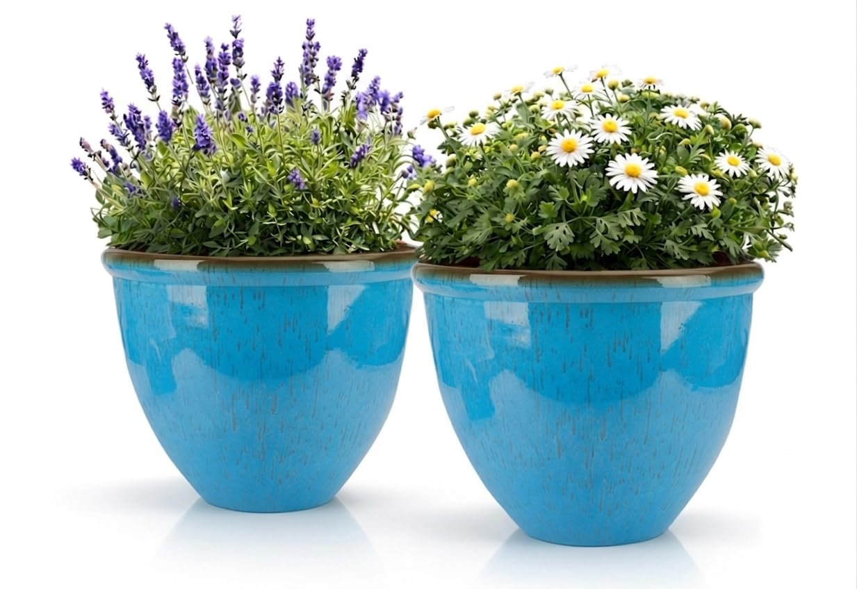 TRG 30cm Ceramic Look Plant Pot Set Of 2 – Large Glazed Indoor & Outdoor Planters, Modern Round Flower Pots for Patio, Balcony, Garden & Home Décor, Weather Resistant Decorative Planter - (Sky Blue)